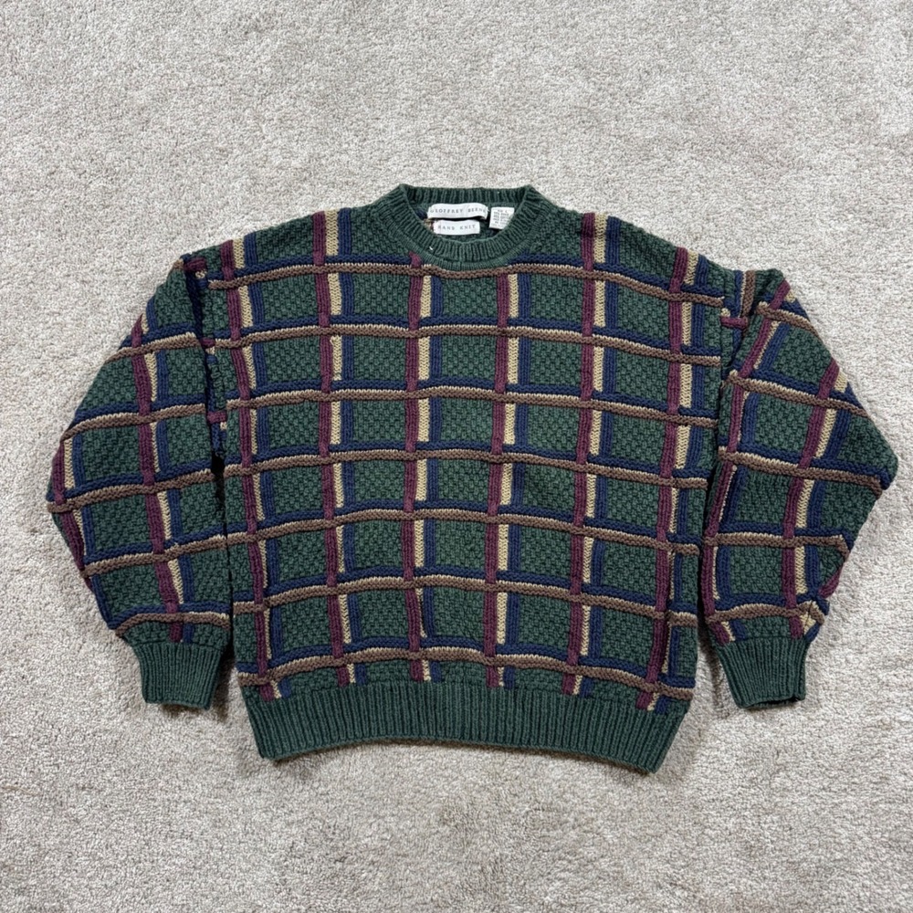Vintage Geoffrey Beene Hand Knit Sweater Mens Large Green Plaid Cotton Crewneck